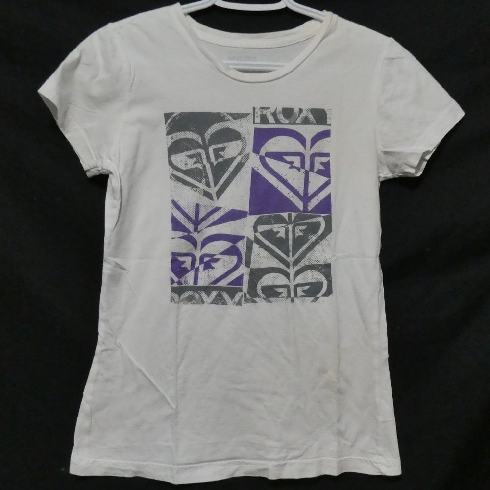 ROXY, large, graphic front, white tee, EUC